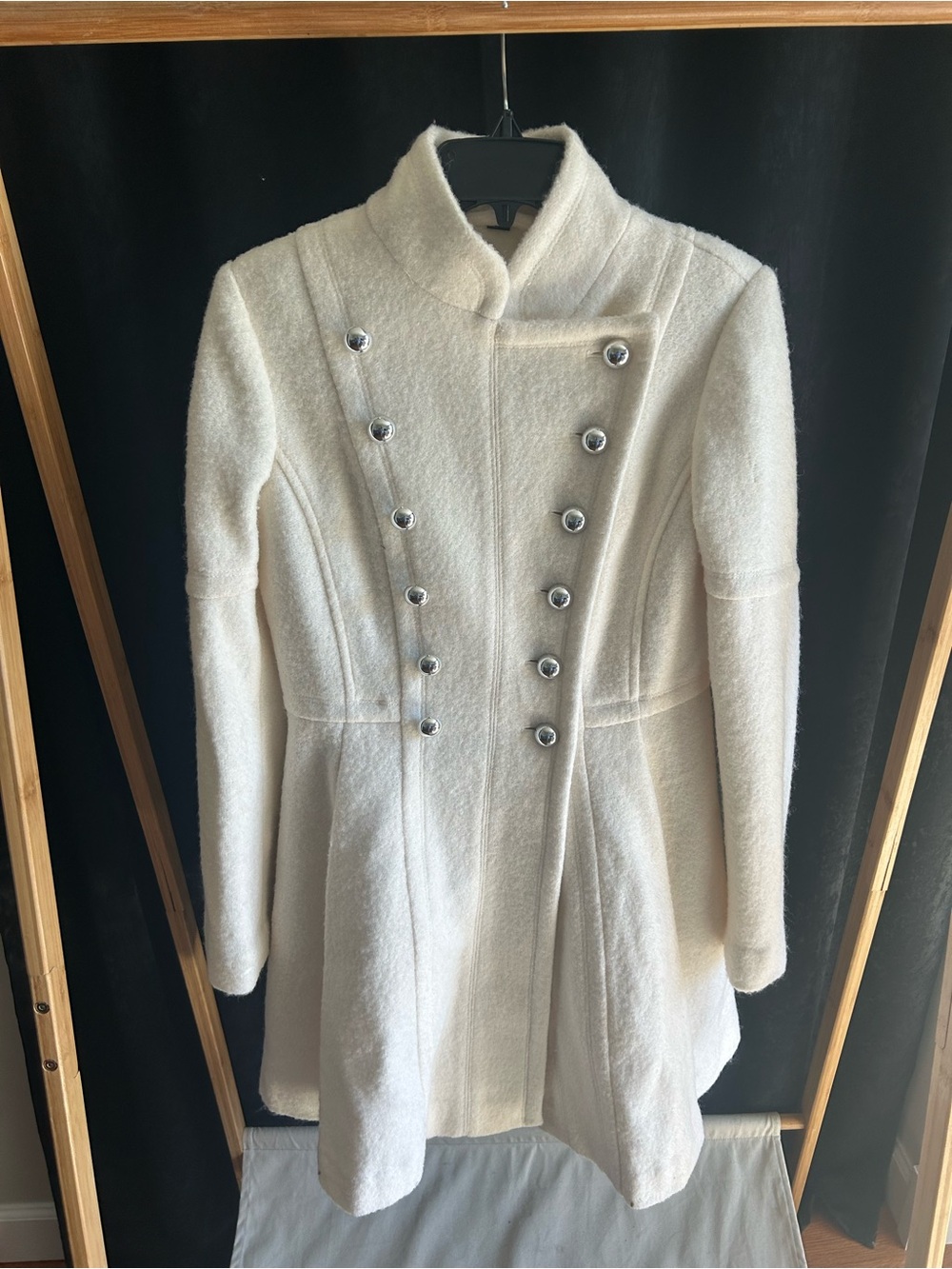 Guess Cream Double-Breasted Military-Inspired Pea Coat